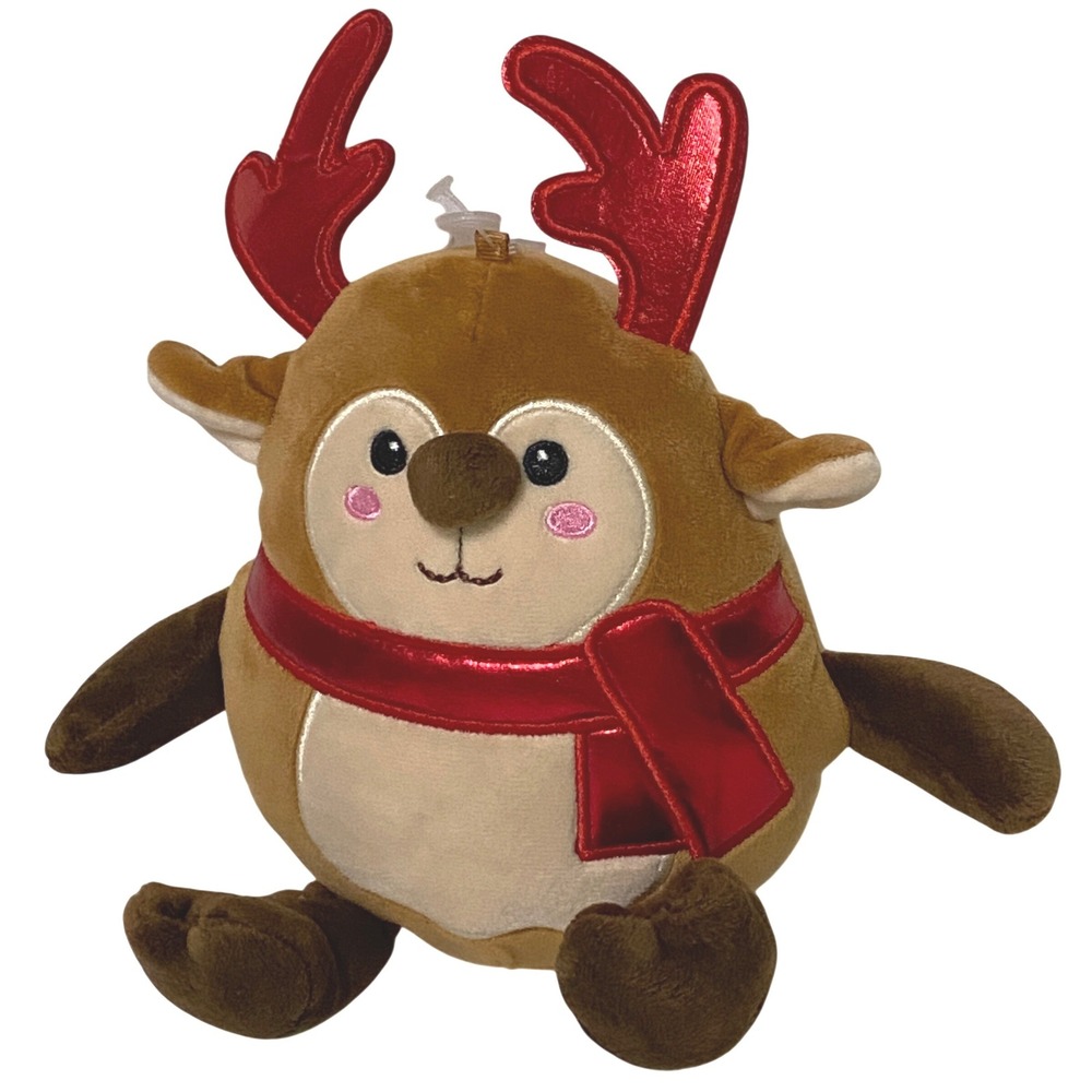 Christmas Reindeer Plush 6.5" Brown Shiny Red Antlers Scarf Small Stuffed Animal